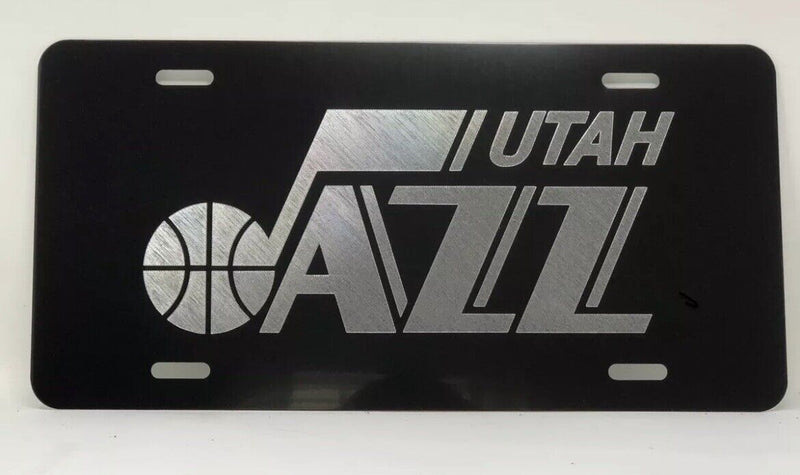 Utah Jazz Logo Car Tag Diamond Etched on Black Aluminum License Plate