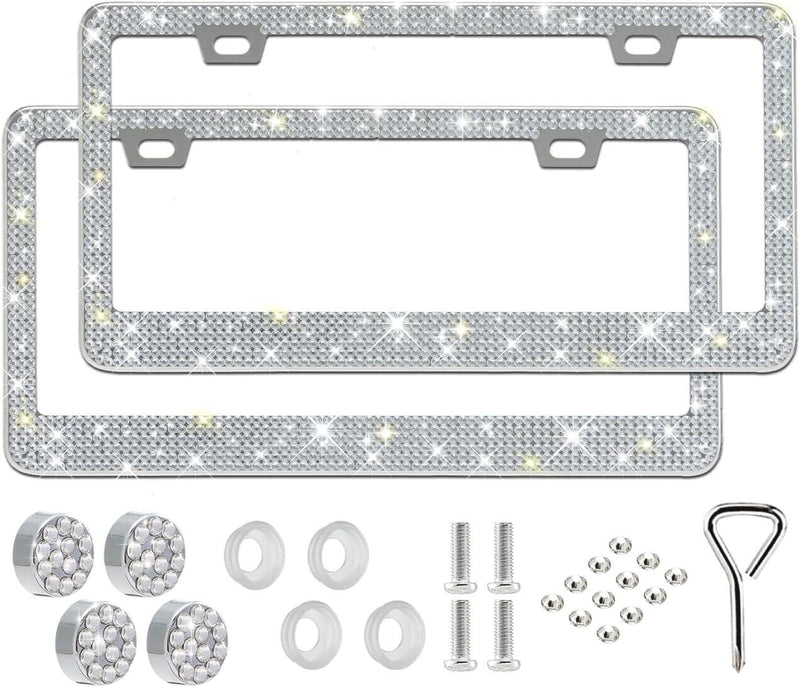 2PCS Bling License Plate Frame Glitter Crystal Sparkling Rhinestone Diamond Caps