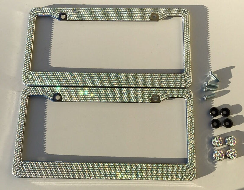 Pair Prism Effect Silver Bling Crystal RhineStone License Plate Frame Car Truck
