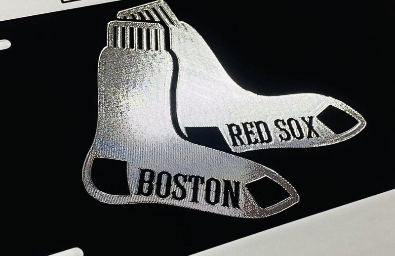 Engraved Boston Red Sox Car Tag Diamond Etched Black Silver Vanity License Plate