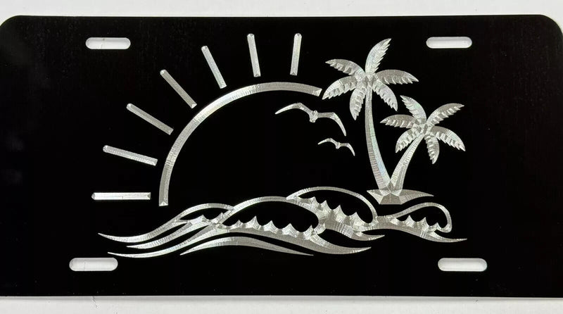 Beach Palm Tree Car Tag Diamond Etched Black Metal Vanity Front License Plate