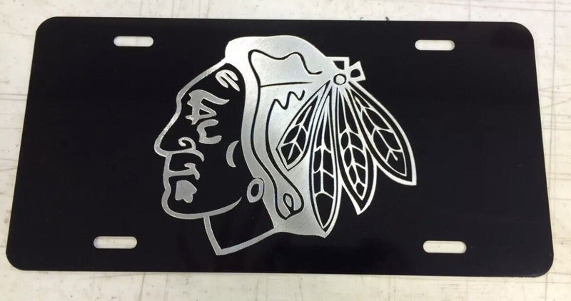 Chicago Blackhawks Logo Car Tag Diamond Etched on Black Aluminum License Plate