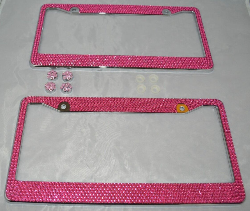 2 Pink Bling Glitter Crystal RhineStone License Plate Metal Frame With Screw Cap