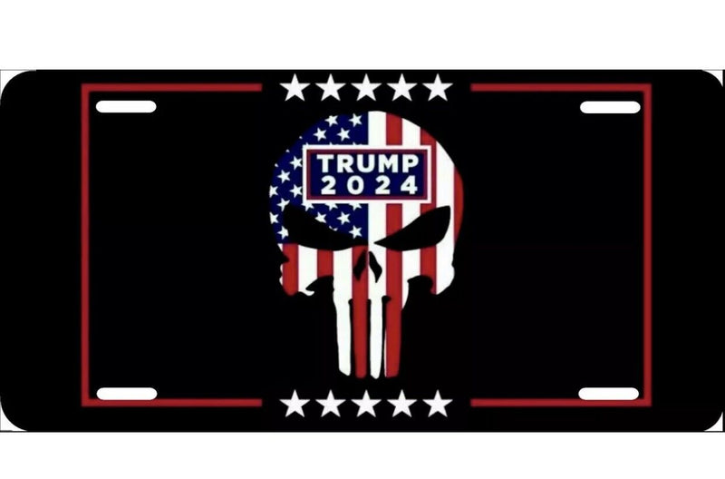 Trump 2024, Skull Flag, License Plate New Car Tag Metal Aluminum, USA, Black