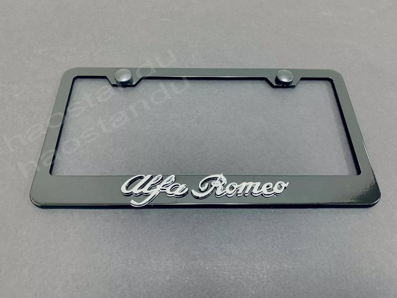 1x Alfa Romeo 3D Emblem BLACK Stainless License Plate Frame RUST FREE + Screw Cap
