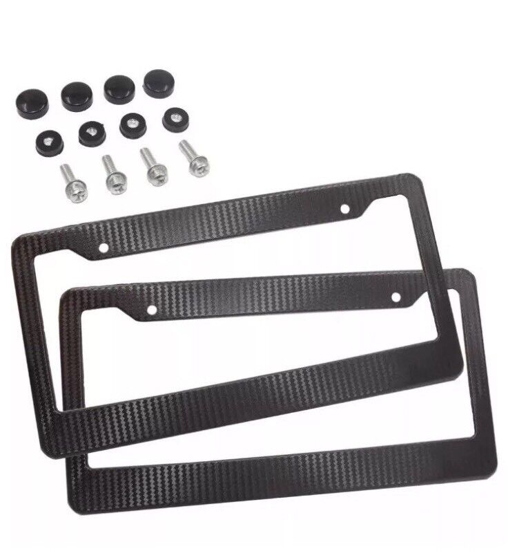 2 x JDM Black Carbon Fiber Look License Plate Frame Cover Front & Rear US Size