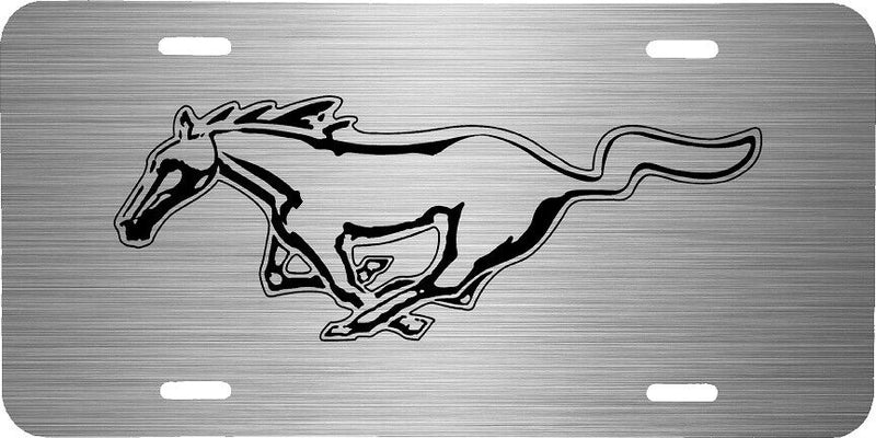 BRUSHED STEEL LOOK MUSTANG LOGO VEHICLE LICENSE PLATE AUTO CAR FRONT TAG PRINTED