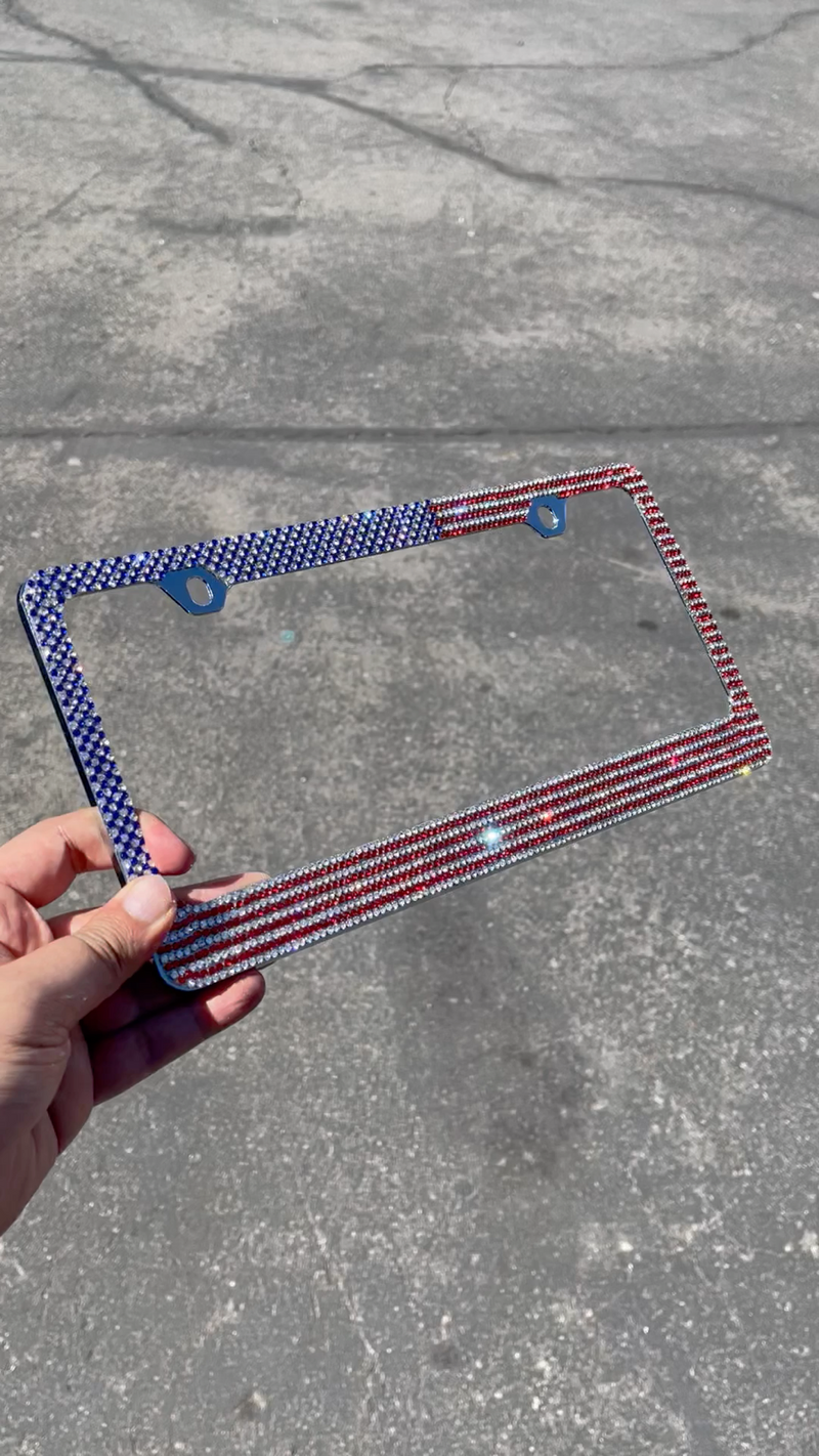 Stainless-Steel Metal USA American Flag Crystal Bling License Plate Frame