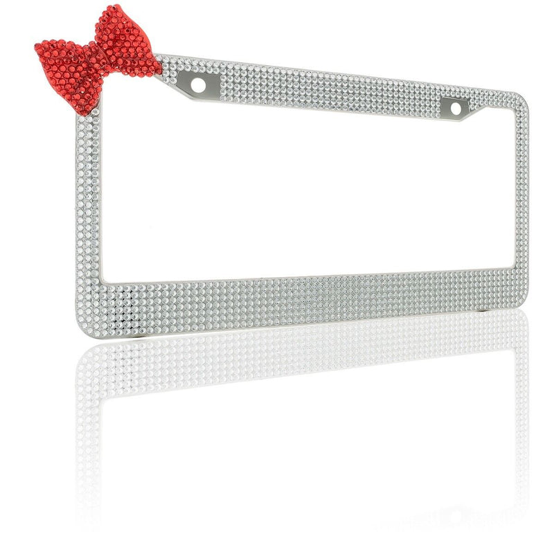 Clear 7 Rows Bling Diamond Crystal License Plate Frame With Corner Red Bow Tie