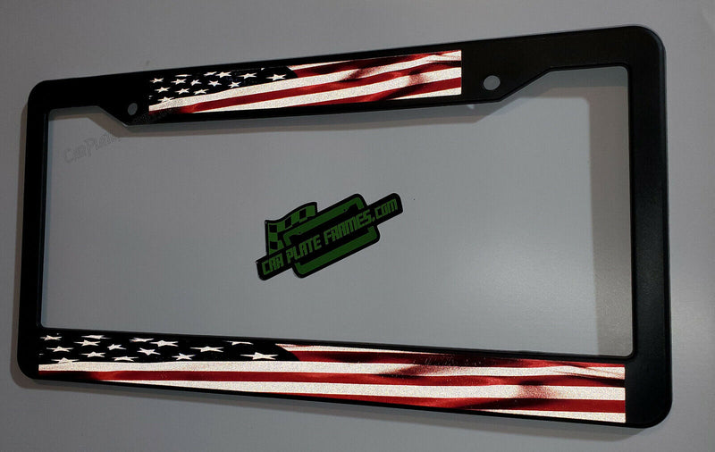 REFLECTIVE BLACK FRAME USA AMERICAN FLAG PLASTIC LICENSE PLATE FRAME TAG HOLDER