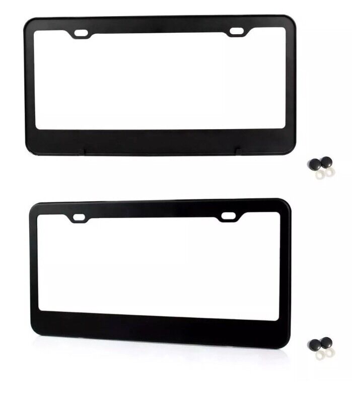 2pcs BLACK STAINLESS STEEL METAL LICENSE PLATE FRAME COVER SCREW CAPS