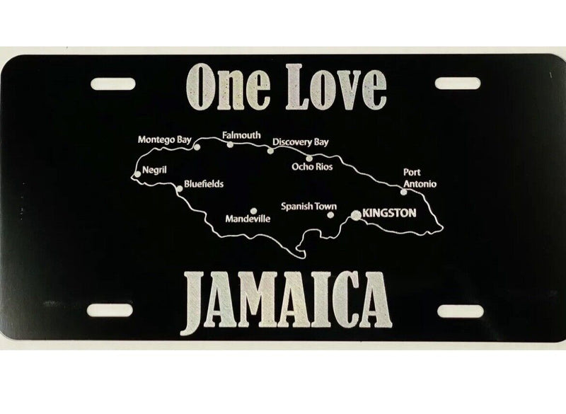 One Love Jamaica Map Car Tag Engraved Etched Aluminum License Plate Gift