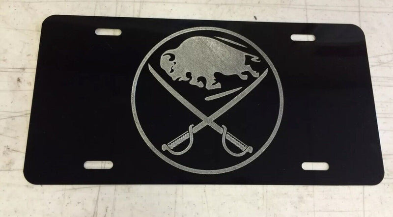 Buffalo Sabres Logo Car Tag Diamond Etched on Black Aluminum License Plate