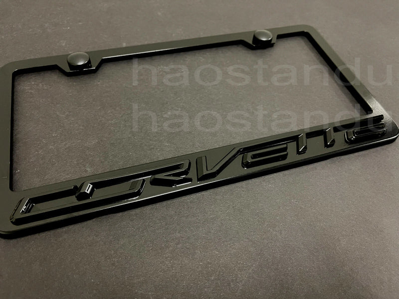 1x Black Corvette 3D Emblem Badge BLACK Stainless License Plate Frame RUST FREE
