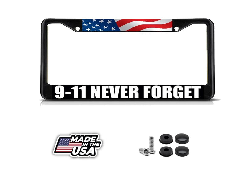 9-11 NEVER FORGET Black Heavy Duty Metal License Plate Frame