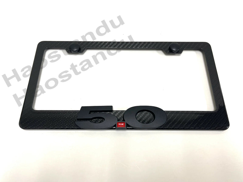 1x Black "5.0" 3D Emblem Real 3K TwillWeave CARBON FIBER License Plate Frame