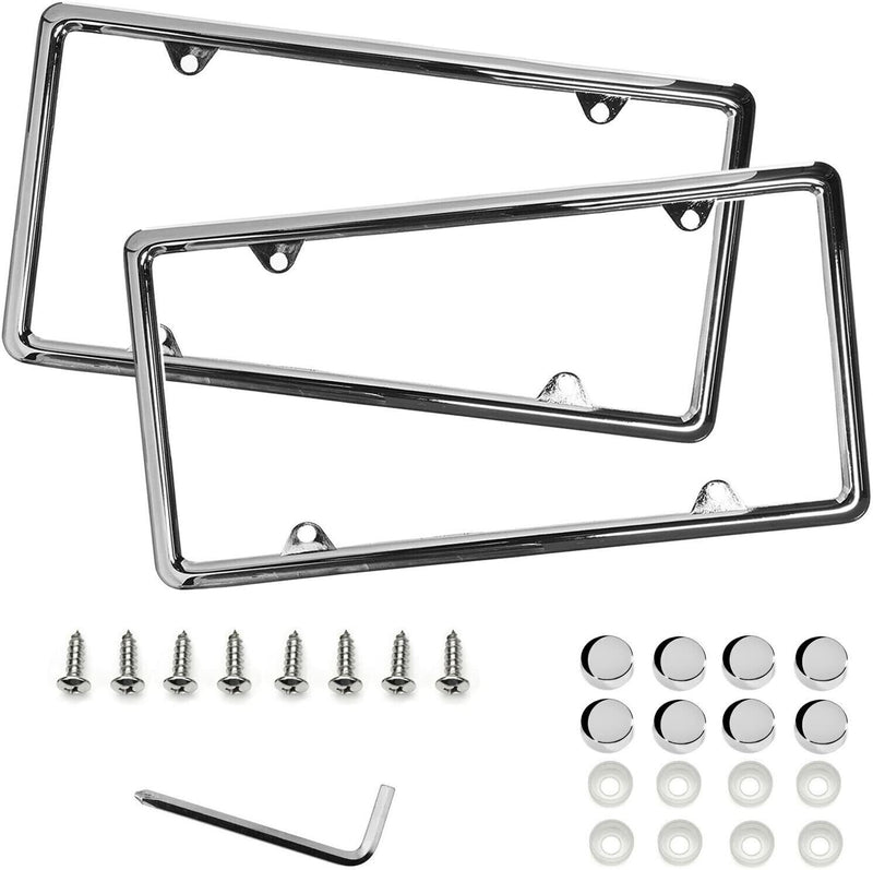 2x Slim Style Metal License Plate Frames, Chrome Finish 4 Holes, 2 pcs set