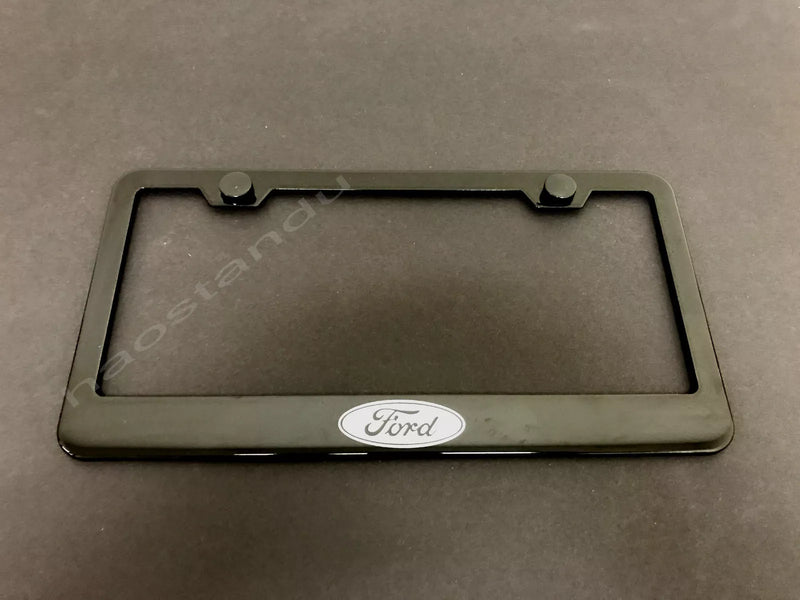 1x FORD LOGO BLACK Stainless Metal License Plate Frame + Screw Caps