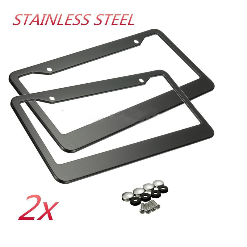 2Pcs Black Stainless Steel Metal License Plate Frame Cover Screw Caps US