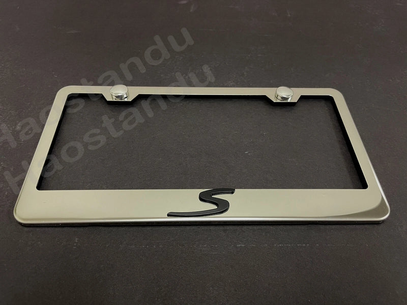 1x "S" 3D Emblem STAINLESS STEEL License Plate Frame RUST FREE + ScrewCap (BLK)
