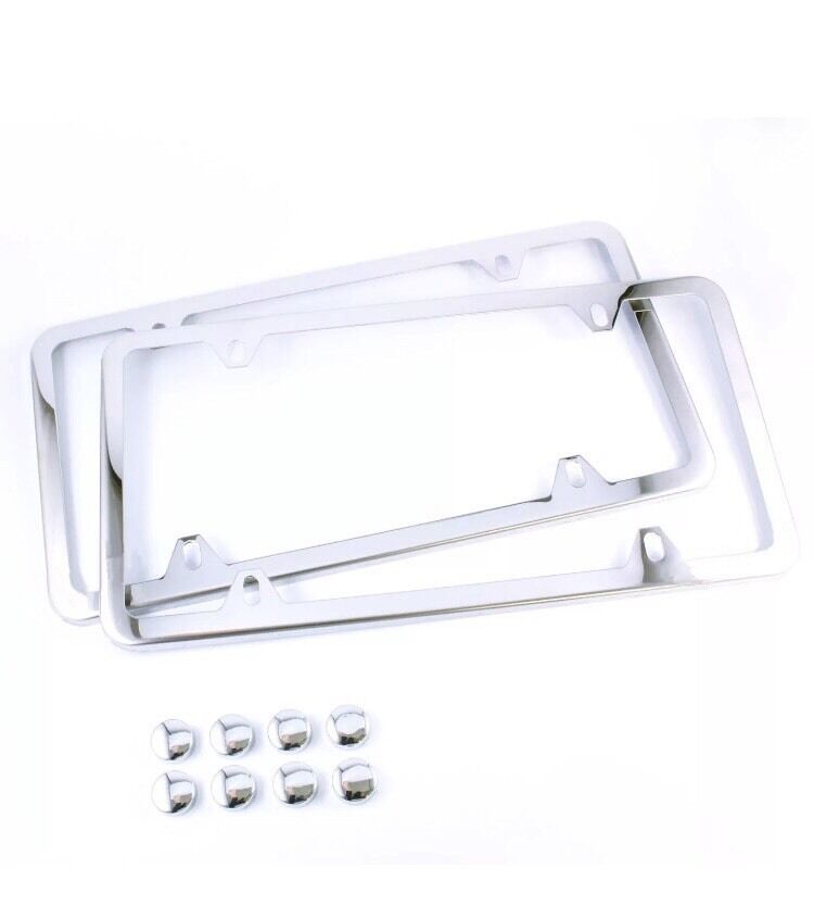 2PCS SLIM CHROME STAINLESS STEEL LICENSE PLATE FRAME SCREW CAP /SLIM 4 HOLE CF-2