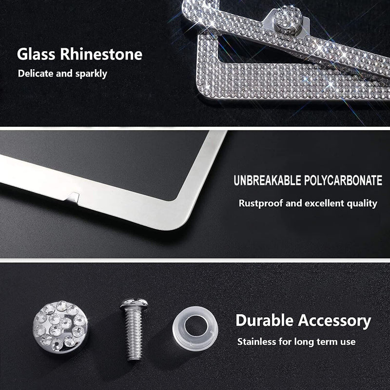 2pcs White Diamond Bling Glitter Crystal RhineStone License Plate Frame Car Thin