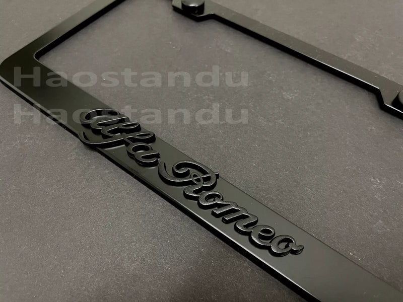 1x Alfa Romeo (BLK) 3D Emblem BLACK Stainless License Plate Frame RUST FREE +S.Cap