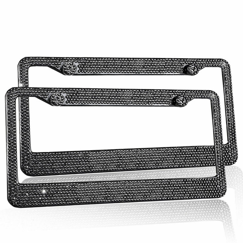 2x Black Metal Diamond Bling Glitter License Plate Frame Crystal Rhine Stone