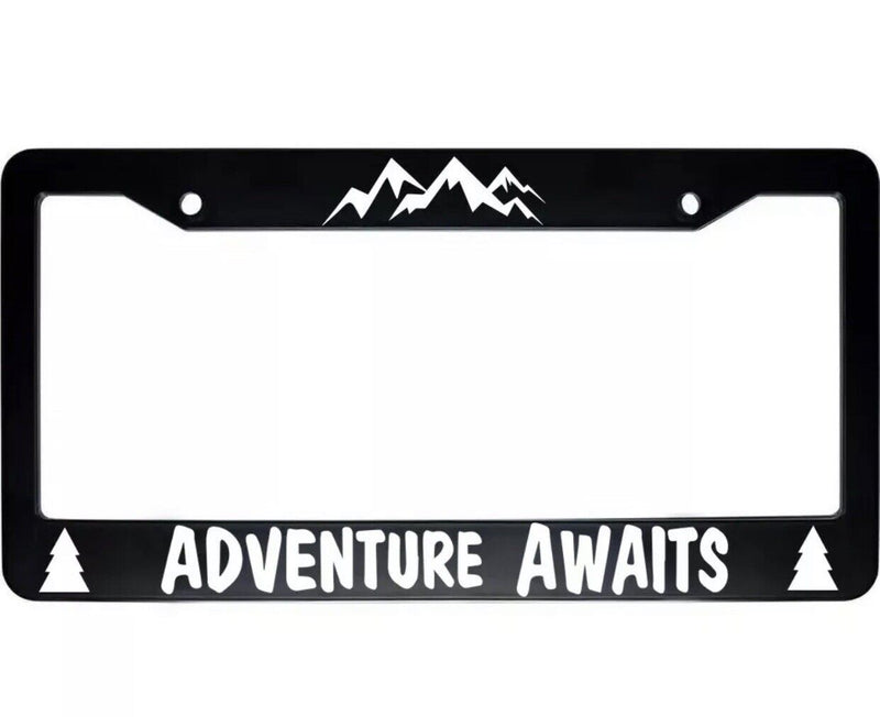 Adventure Awaits Mountains Tree Outdoor Black Auto License Plate Frame Holder