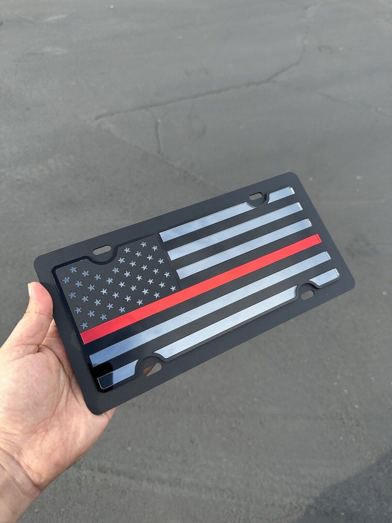 Premium License Plate American Flag w/ Thin Red Line Black Mirror Acrylic