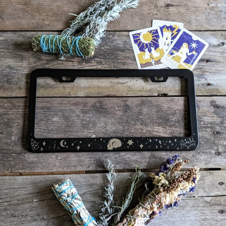 Occult Skull, Bat, Stars, Esoteric Themed Laser Etched METAL License Plate Frame