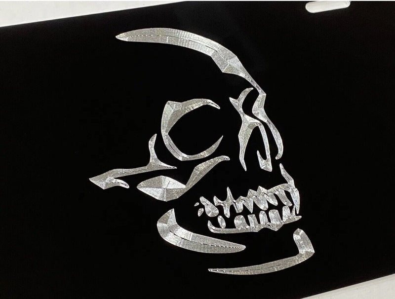 Real Engraved Aluminum Skull Car Tag Diamond Etched Black Metal License Plate