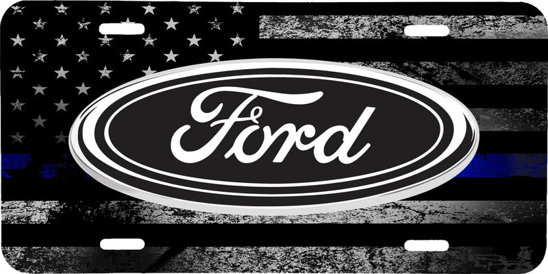 THIN BLUE LINE AMERICAN DISTRESSED FLAG FORD VEHICLE LICENSE PLATE TAG .040 GA