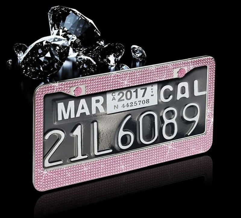 2Pcs Crystal Bling License Plate Frame W/ Screw Cap Covers, Women Car Accessories