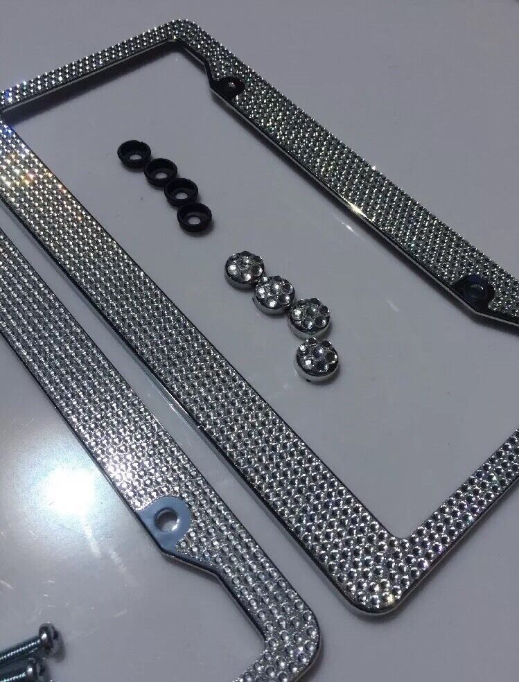 2pc Silver Diamond Bling Rhinestone Metal License Plate Frame Cover For Any Car
