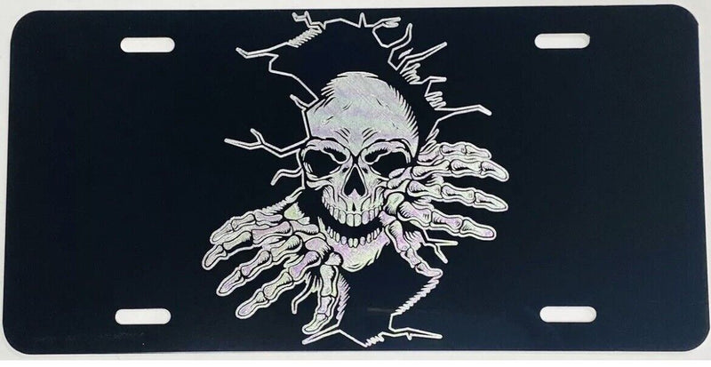 Break Out Skeleton Skull Car Tag Engraved Gloss Black Etched License Plate
