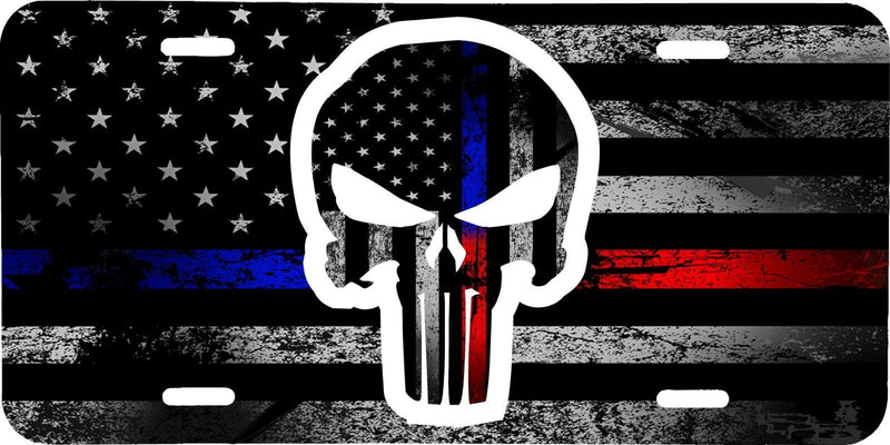 THIN BLUE RED LINE FLAG WITH PUNISHER SKULL VEHICLE LICENSE PLATE AUTO CAR TYL