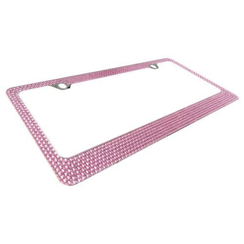 2 PACK Shining 7 Rows PINK Diamond Metal License Plate Frame+ Pink Ring+Caps