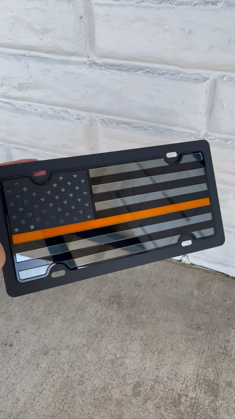 American Flag Orange Thin Line Acrylic Vanity License Plate Blacked Out Tactical