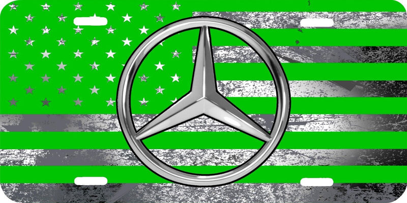 MERCEDES LOGO PRINTED GRAY AND GREEN AMERICAN FLAG VEHICLE LICENSE PLATE CAR TAG