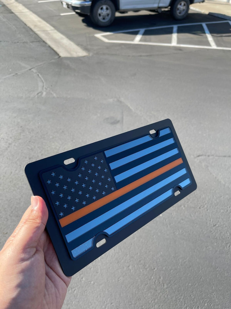 American Flag Orange Thin Line Acrylic Vanity License Plate Blacked Out Tactical