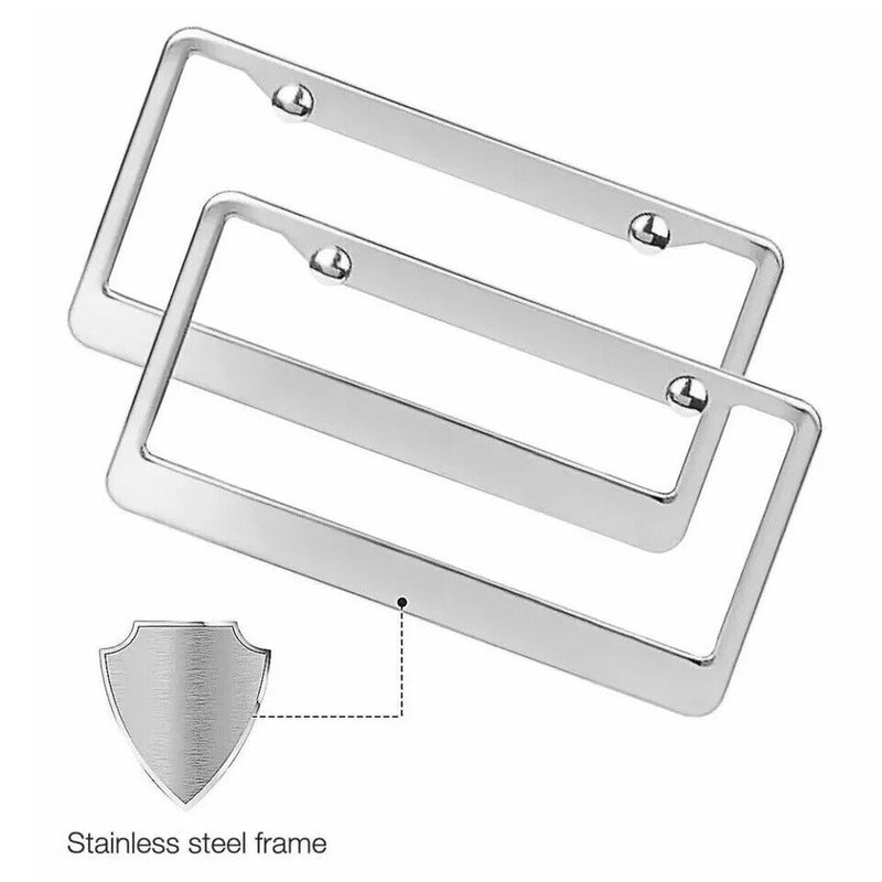 2PCS Chrome Stainless Steel Metal License Plate Frame Cover With Screw Caps v1