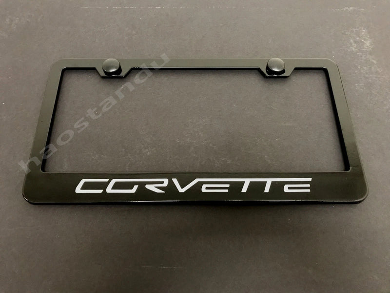 1x CORVETTE BLACK Stainless Metal License Plate Frame + Screw Caps