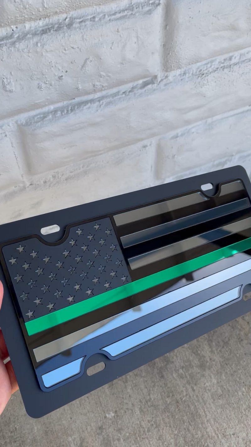 American Flag Green Thin Line Acrylic Vanity License Plate Blacked Out Tactical