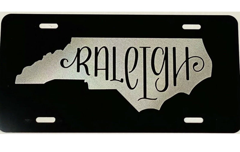 Raleigh NC State Silver Etched Engraved Black License Plate Car Tag