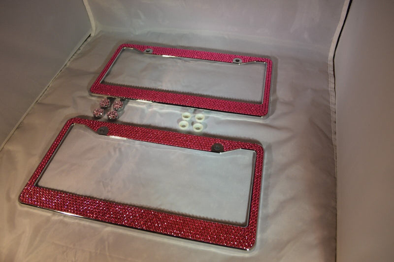 2 Pink Bling Glitter Crystal RhineStone License Plate Metal Frame With Screw Cap