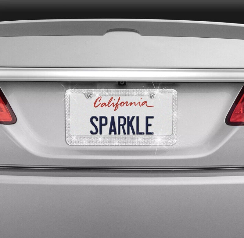 Metal Silver Crystal Bling Style License Plate Frame Universal Fit