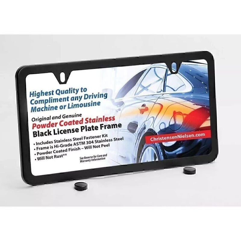 Stainless Steel License Plate Frame w Screw Caps Thin 2 Hole- Silm Black ※