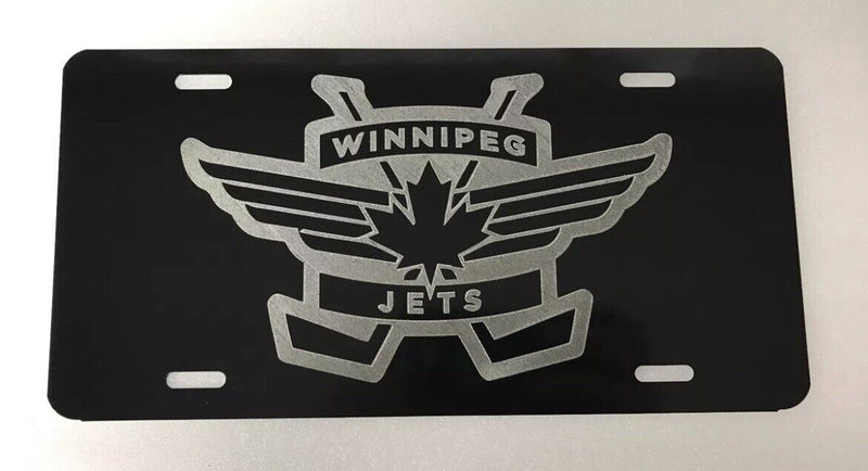 Winnipeg Jets Logo Car Tag Diamond Etched on Black Aluminum License Plate