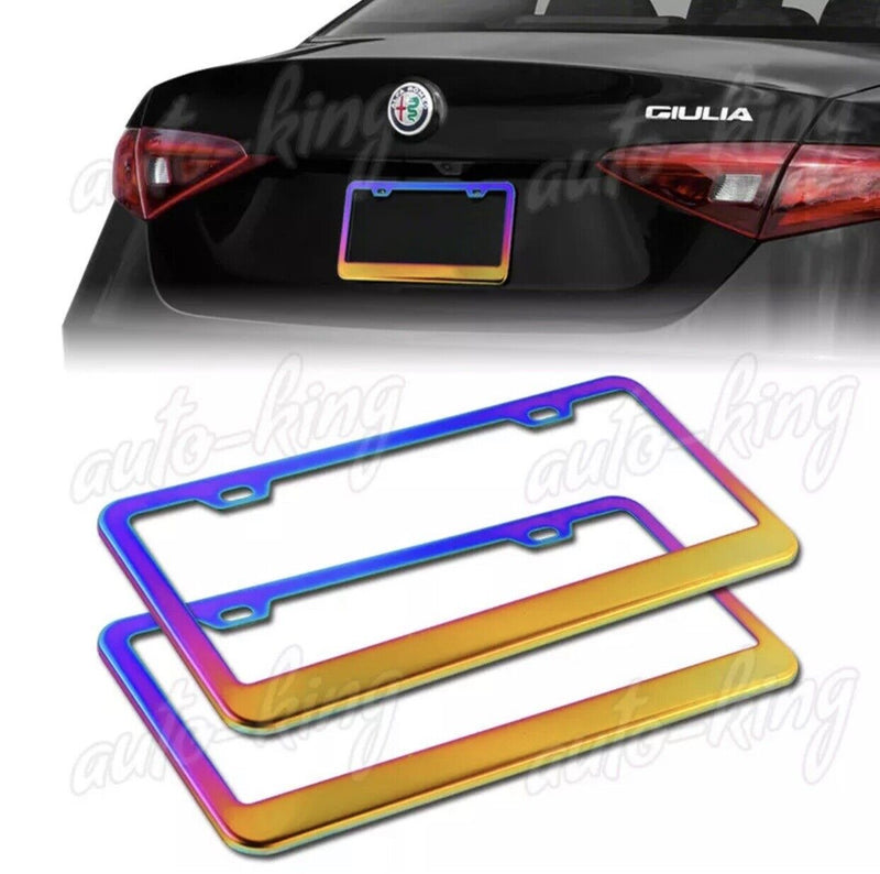 2PCS NEO CHROME STAINLESS STEEL LICENSE PLATE FRAME HOLDER COVER FRONT+REAR